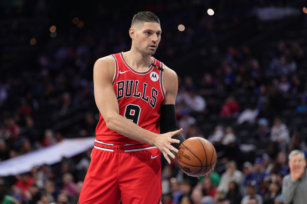 Apr 13, 2025; Philadelphia, Pennsylvania, USA; Chicago Bulls center Nikola Vucevic (9) receives a pass against the Philadelphia 76ers in the first quarter at Wells Fargo Center. Mandatory Credit: Kyle Ross-Imagn Images