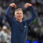 May 14, 2025; Minneapolis, Minnesota, USA; Golden State Warriors head coach Steve Kerr reacts against the Minnesota Timberwolves in the second half during game five of the second round for the 2025 NBA Playoffs at Target Center. Mandatory Credit: Jesse Johnson-Imagn Images