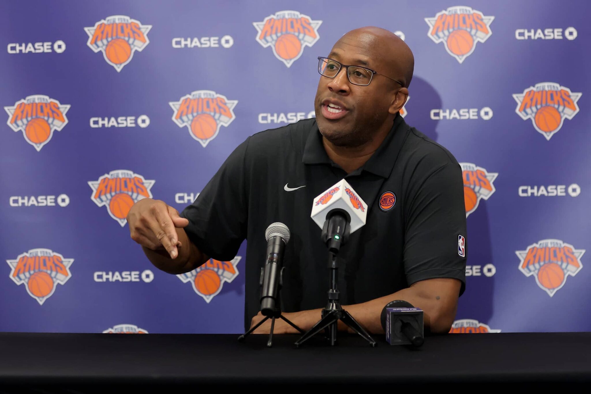 Sep 23, 2025; New York, NY, USA; New York Knicks head coach Mike Brown speaks to the media during a media day press conference at the Madison Square Garden training center. Mandatory Credit: Brad Penner-Imagn Images