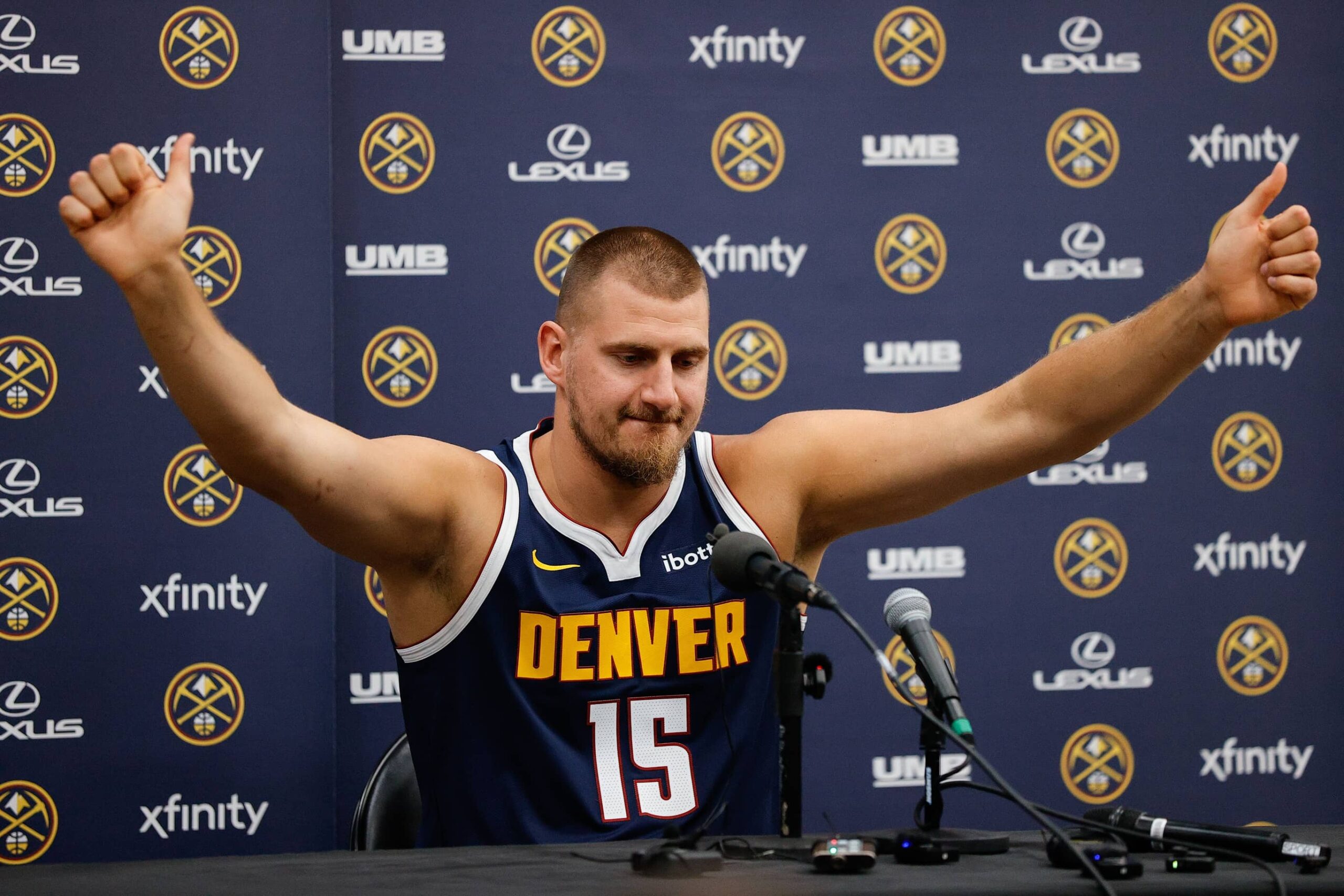 Sep 29, 2025; Denver, CO, USA; Denver Nuggets player Nikola Jokic (15) takes questions during media day at Ball Arena. Mandatory Credit: Isaiah J. Downing-Imagn Images