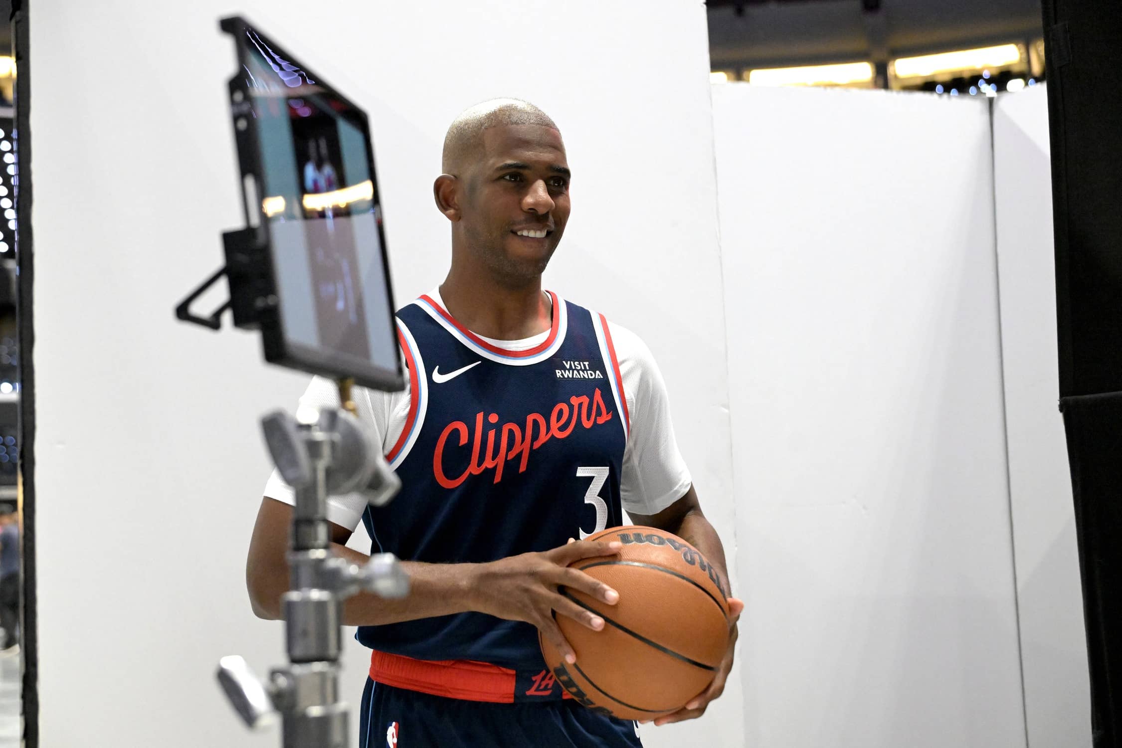 Sep 29, 2025; Inglewood, CA, USA; Los Angeles Clippers guard Chris Paul (3) poses during media day at Intuit Dome. Mandatory Credit: Jayne Kamin-Oncea-Imagn Images