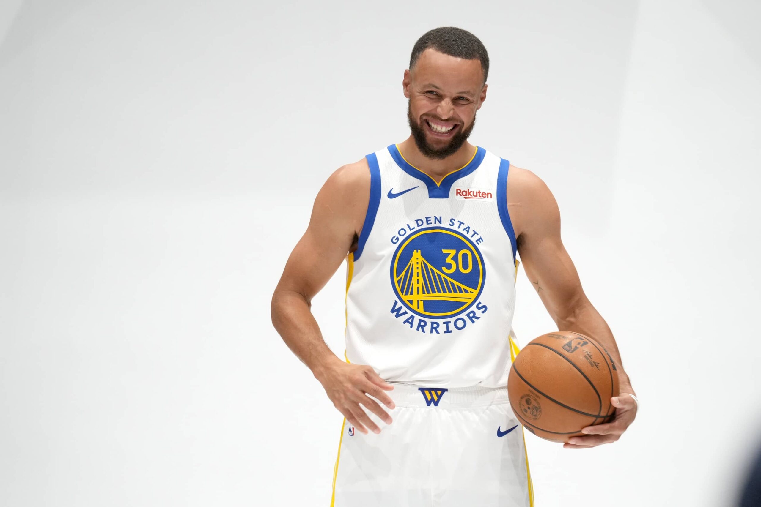 Sep 29, 2025; San Francisco, CA, USA; Golden State Warriors guard Stephen Curry (30) laughs during Media Day at the Chase Center. Mandatory Credit: Cary Edmondson-Imagn Images