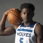 Sep 29, 2025; Minneapolis, MN, USA; Minnesota Timberwolves guard Anthony Edwards (5) poses for a photograph as part of media day at Target Center. Mandatory Credit: Bruce Kluckhohn-Imagn Images