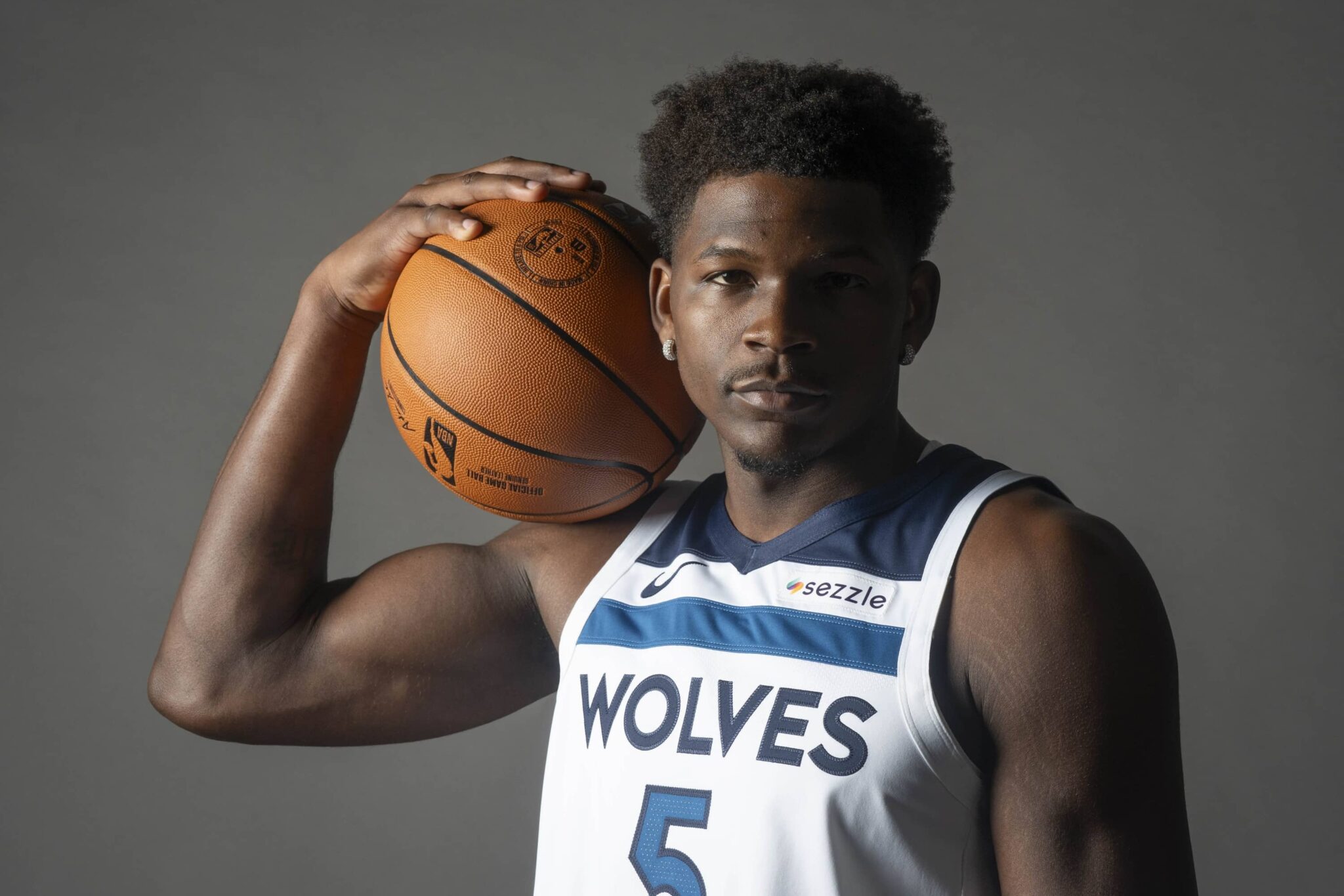 Sep 29, 2025; Minneapolis, MN, USA; Minnesota Timberwolves guard Anthony Edwards (5) poses for a photograph as part of media day at Target Center. Mandatory Credit: Bruce Kluckhohn-Imagn Images