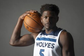 Sep 29, 2025; Minneapolis, MN, USA; Minnesota Timberwolves guard Anthony Edwards (5) poses for a photograph as part of media day at Target Center. Mandatory Credit: Bruce Kluckhohn-Imagn Images