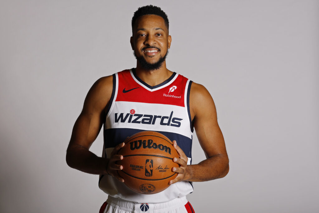 Sep 29, 2025; Washington, DC, USA; Washington Wizards guard CJ McCollum (3) poses for a portrait during Wizards Media Day at CareFirst Arena. Mandatory Credit: Geoff Burke-Imagn Images