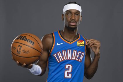 Sep 29, 2025; Oklahoma City, OK, USA; Oklahoma City Thunder guard Shai Gilgeous-Alexander poses for a photo during the 2025 Oklahoma City Thunder media day at Paycom Center. Mandatory Credit: Alonzo Adams-Imagn Images