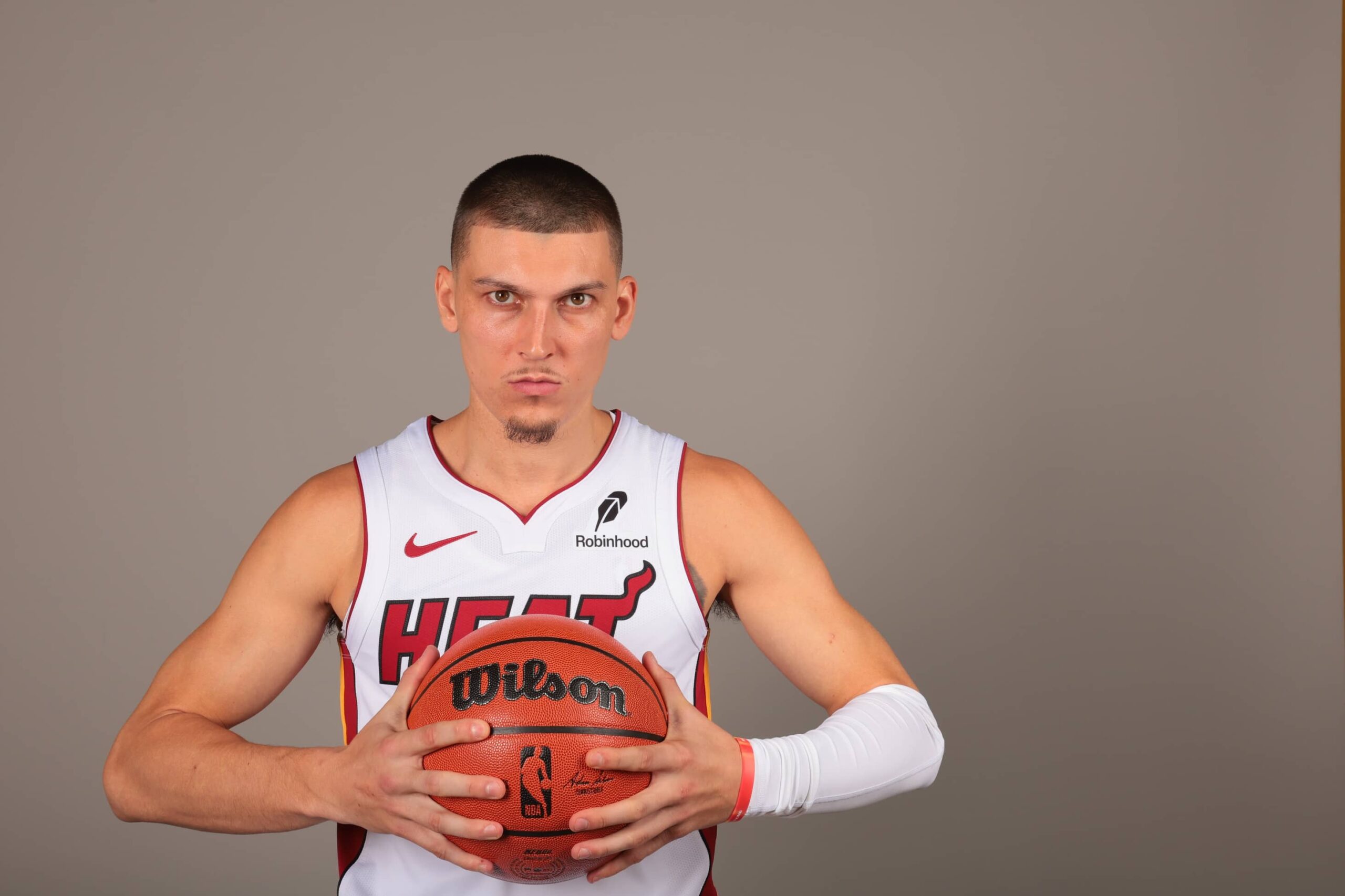 Sep 29, 2025; Miami, FL, USA; Miami Heat guard Tyler Herro (14) poses for a photo during media day at Kaseya Center. Mandatory Credit: Sam Navarro-Imagn Images