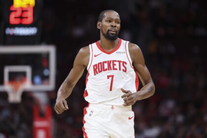 Oct 8, 2025; Houston, Texas, USA; Houston Rockets forward Kevin Durant (7) reacts after a play during the second quarter against the Utah Jazz at Toyota Center. Mandatory Credit: Troy Taormina-Imagn Images