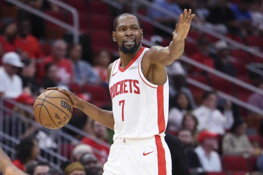Houston, Texas, USA; Houston Rockets forward Kevin Durant (7) dribbles the ball during the third quarter against the Utah Jazz at Toyota Center. Mandatory Credit: Troy Taormina-Imagn Images