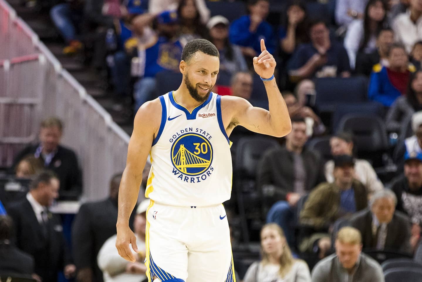 Oct 8, 2025; San Francisco, California, USA; Golden State Warriors guard Stephen Curry (30) gestures during the second quarter against the Portland Trail Blazers at Chase Center. Mandatory Credit: John Hefti-Imagn Images