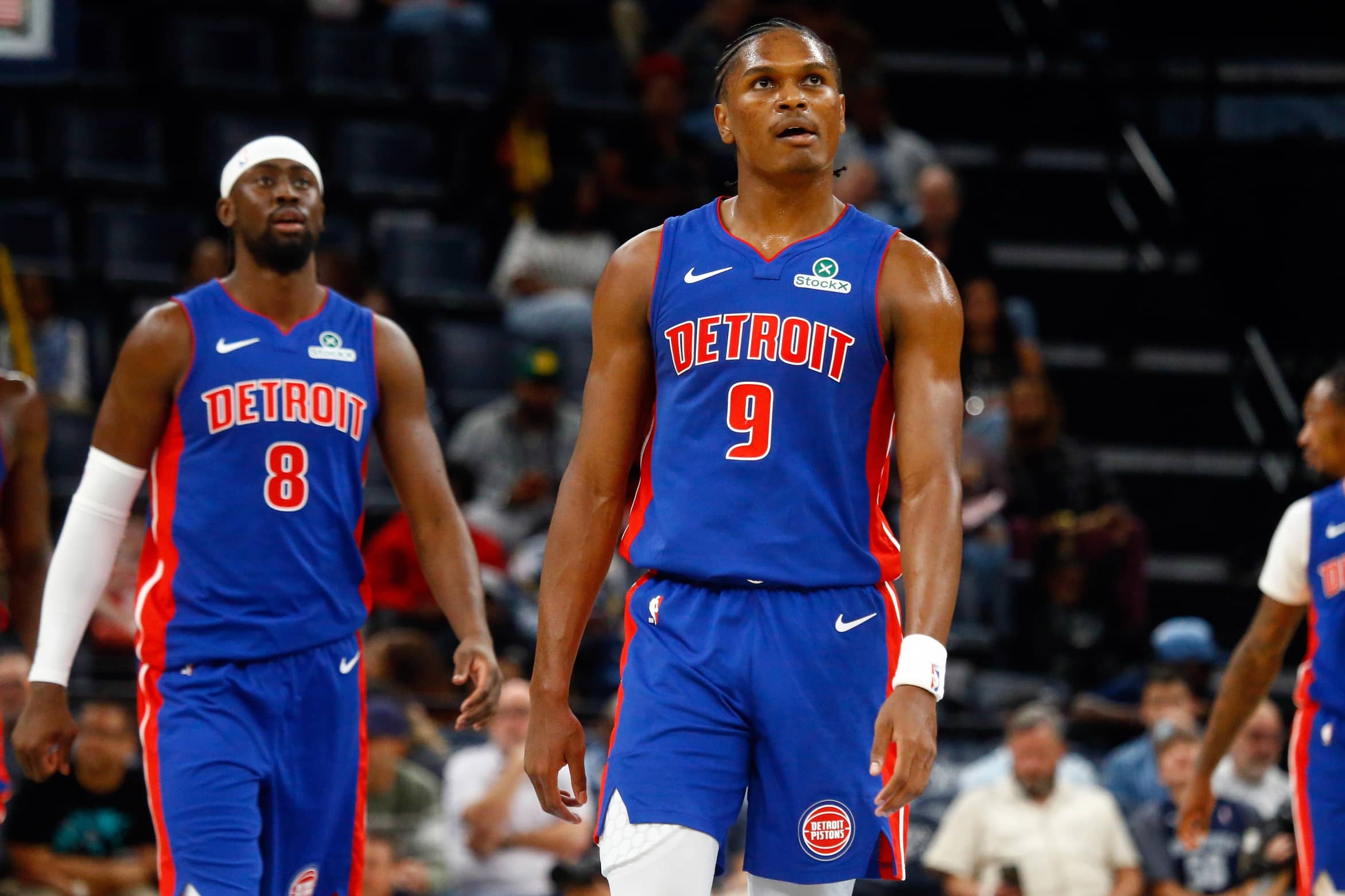 Oct 6, 2025; Memphis, Tennessee, USA; Detroit Pistons forward Ausar Thompson (9) looks on during the third quarter against the Memphis Grizzlies at FedExForum. Mandatory Credit: Petre Thomas-Imagn Images