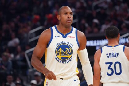 Oct 5, 2025; San Francisco, California, USA; Golden State Warriors center-forward Al Horford (20) waits for action to resume in the first quarter against the Los Angeles Lakers at Chase Center. Mandatory Credit: David Gonzales-Imagn Images