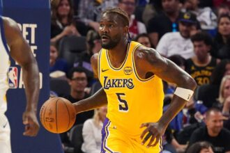 Lakers center Deandre Ayton dribbles upcourt against the Warriors in the second quarter at Chase Center