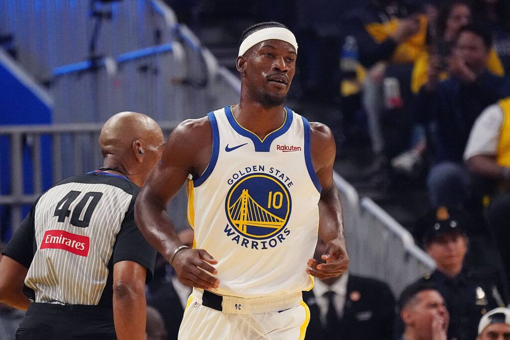 Oct 5, 2025; San Francisco, California, USA; Golden State Warriors forward Jimmy Butler III (10) waits for action to resume in the first quarter against the Los Angeles Lakers at Chase Center. Mandatory Credit: David Gonzales-Imagn Images