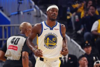 Oct 5, 2025; San Francisco, California, USA; Golden State Warriors forward Jimmy Butler III (10) waits for action to resume in the first quarter against the Los Angeles Lakers at Chase Center. Mandatory Credit: David Gonzales-Imagn Images