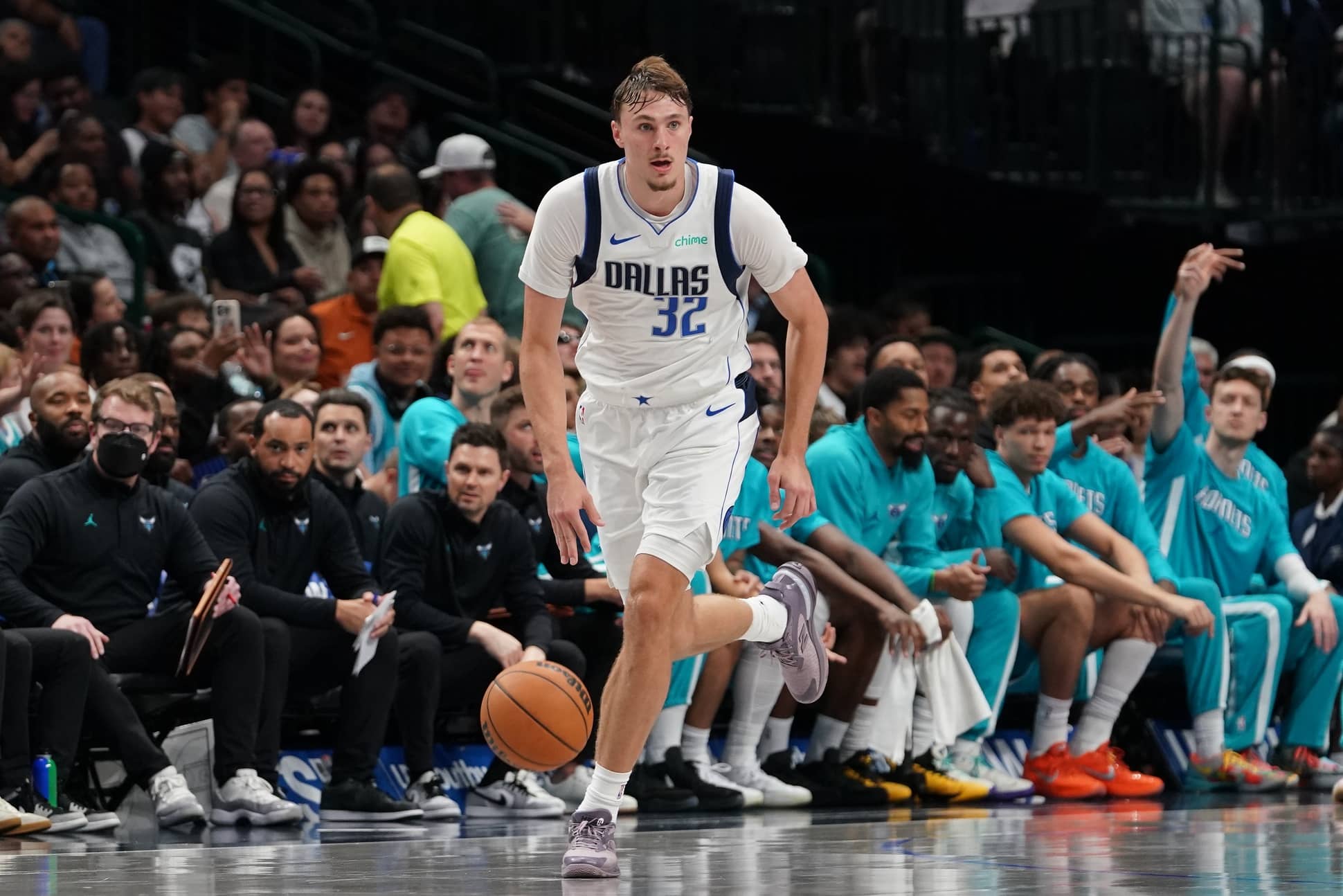 Oct 11, 2025; Dallas, Texas, USA; Dallas Mavericks forward Cooper Flagg (32) brings the ball up court against the Charlotte Hornets in the second half of a game at American Airlines Center. Mandatory Credit: Raymond Carlin III-Imagn Images