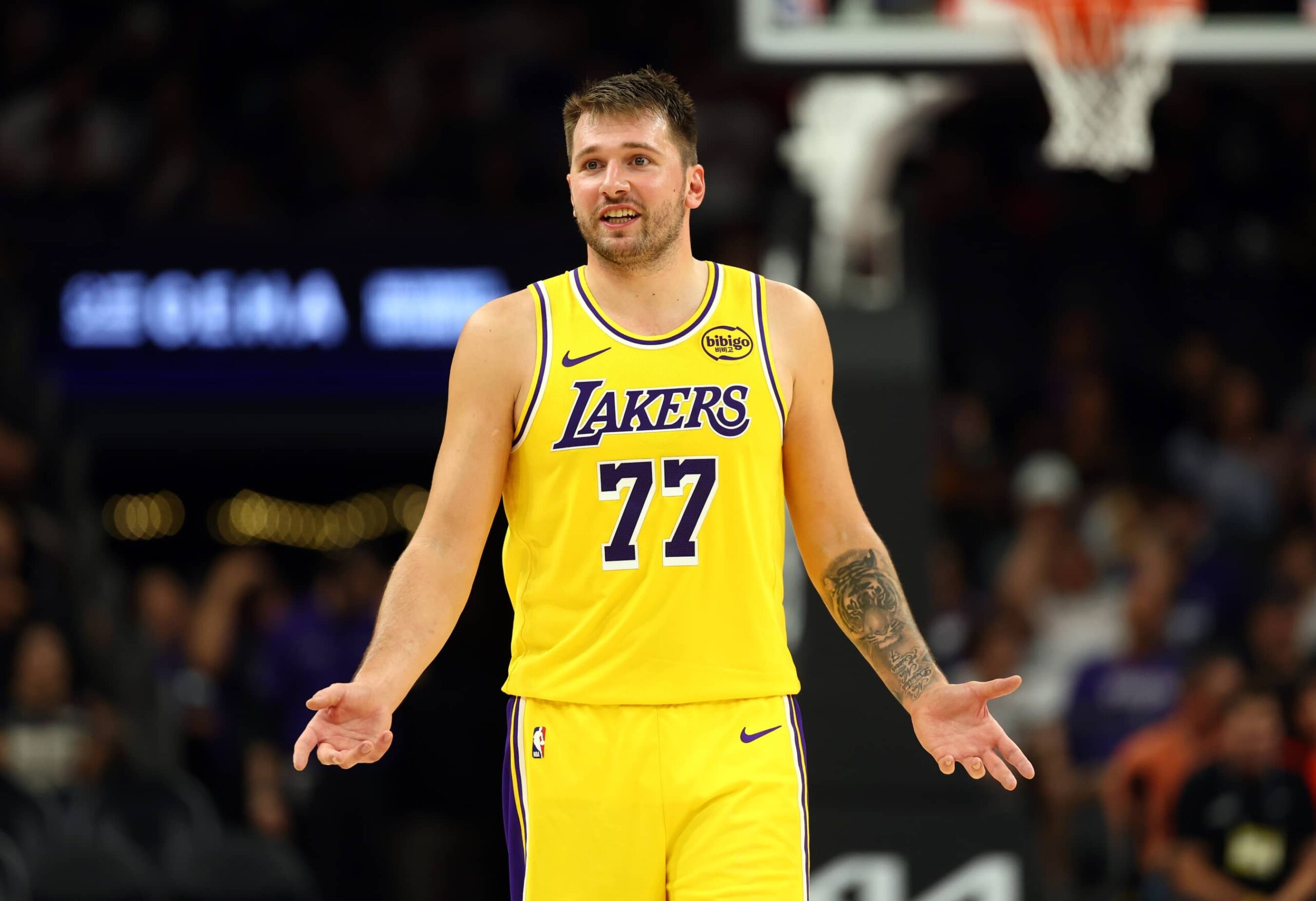 Lakers guard Luka Doncic against the Phoenix Suns during an NBA preseason game at Mortgage Matchup Center