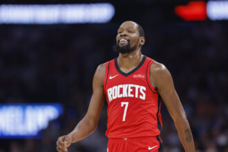 Oklahoma City, Oklahoma, USA; Houston Rockets forward Kevin Durant (7) smiles after a play against the Oklahoma City Thunder during the first half at Paycom Center. Mandatory Credit: Alonzo Adams-Imagn Images