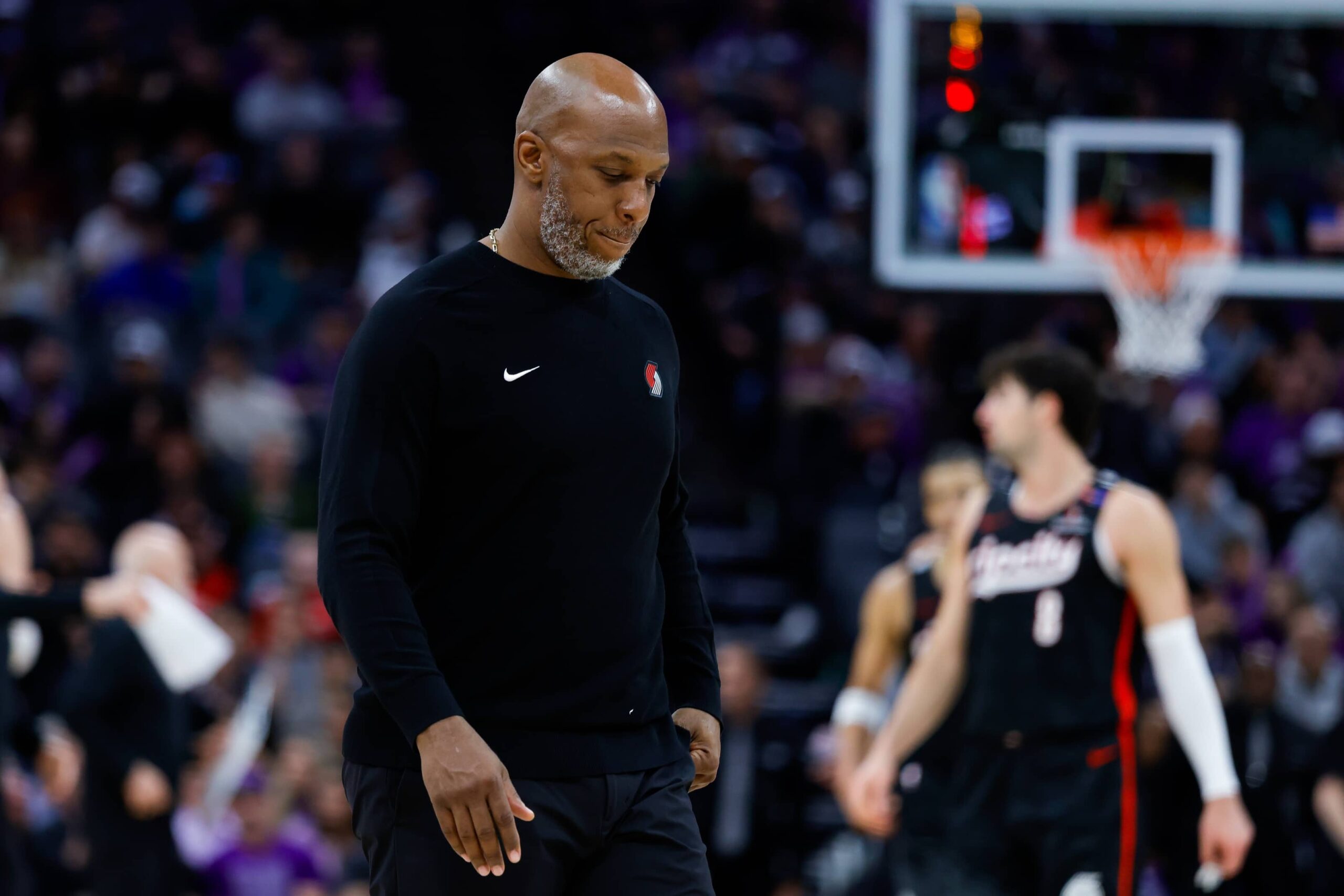 Mar 27, 2025; Sacramento, California, USA; Portland Trail Blazers head coach Chauncey Billups calls a time out during the fourth quarter against the Sacramento Kings at Golden 1 Center. Mandatory Credit: Sergio Estrada-Imagn Images
