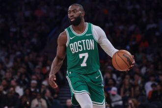Celtics guard Jaylen Brown dribbles up court during the fourth quarter against the Knicks at Madison Square Garden