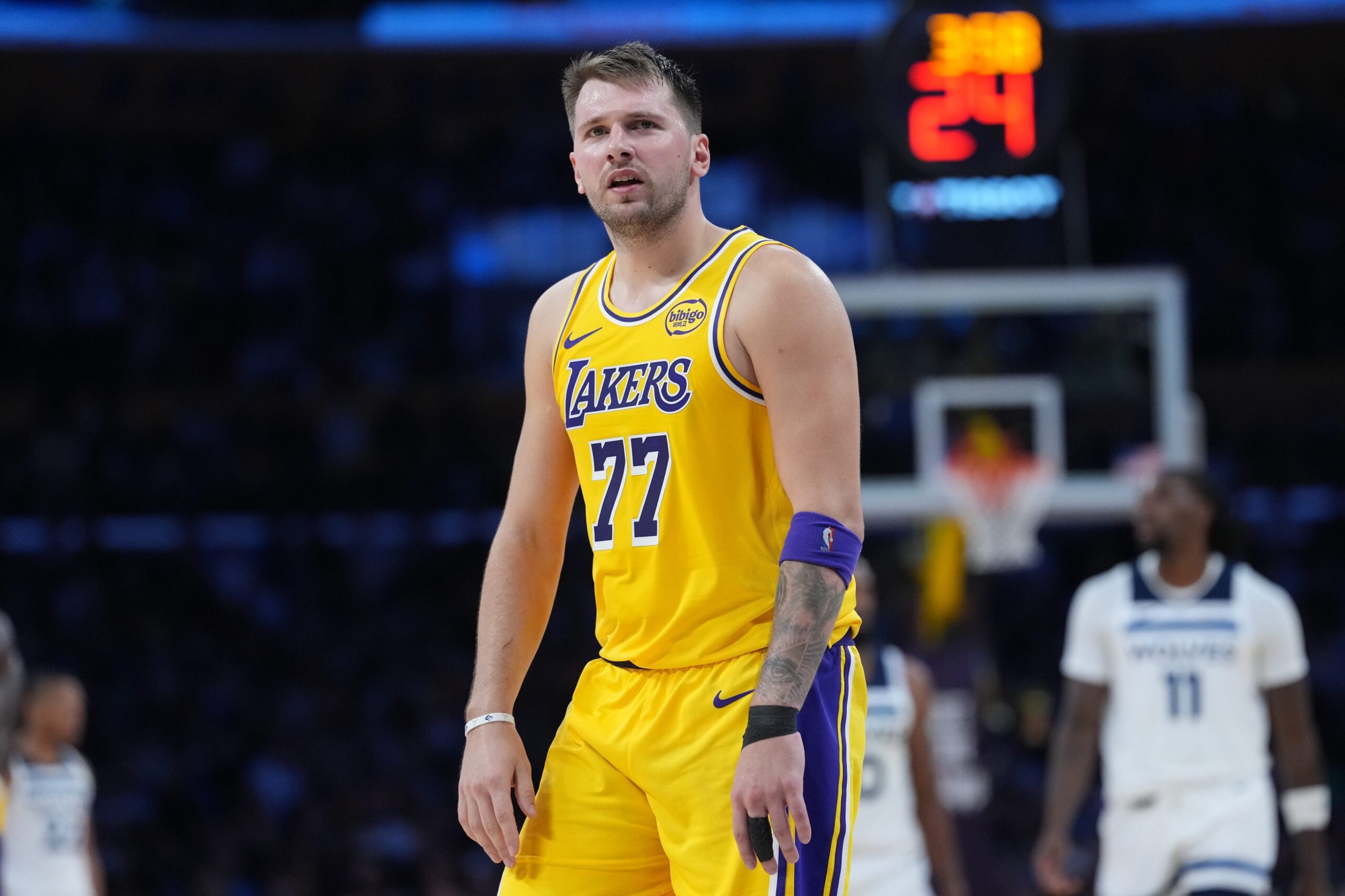 Los Angeles Lakers guard Luka Doncic (77) reacts in the second half against the Minnesota Timberwolves at Crypto.com Arena.