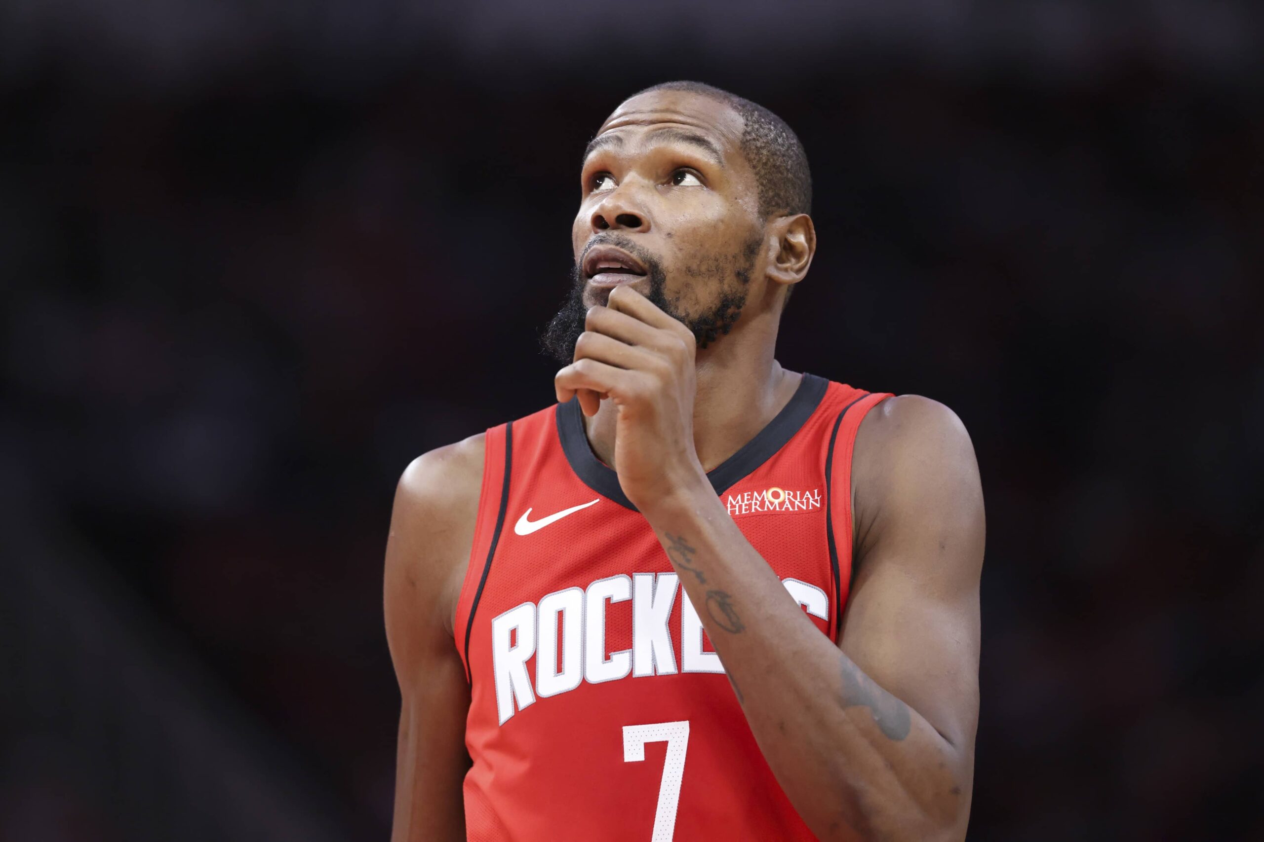 Oct 24, 2025; Houston, Texas, USA; Houston Rockets forward Kevin Durant (7) looks up during the third quarter against the Detroit Pistons at Toyota Center. Mandatory Credit: Troy Taormina-Imagn Images