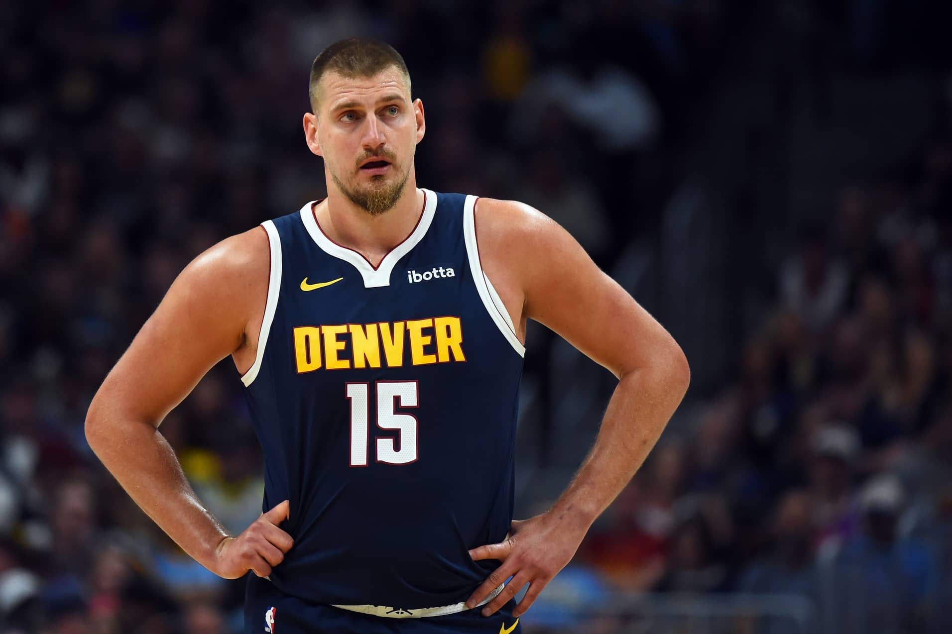 Denver Nuggets center Nikola Jokic (15) during the first half against the Phoenix Suns at Ball Arena.