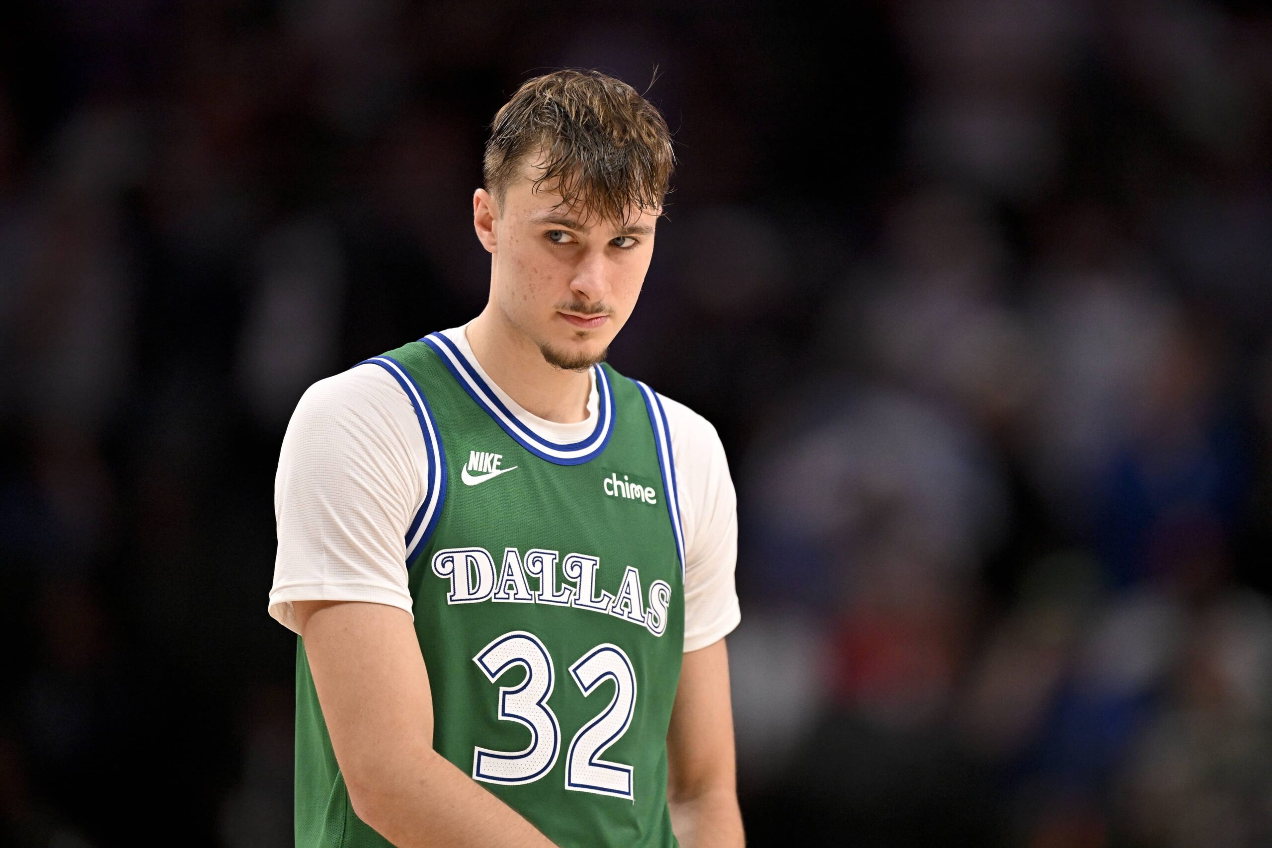 Oct 27, 2025; Dallas, Texas, USA; Dallas Mavericks forward Cooper Flagg (32) looks on during the second half against the Oklahoma City Thunder at the American Airlines Center. Mandatory Credit: Jerome Miron-Imagn Images