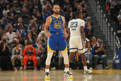 Oct 27, 2025; San Francisco, California, USA; Golden State Warriors guard Stephen Curry (30) reacts after the Warriors made a basket while being fouled against the Memphis Grizzlies in the second quarter at the Chase Center. Mandatory Credit: Cary Edmondson-Imagn Images