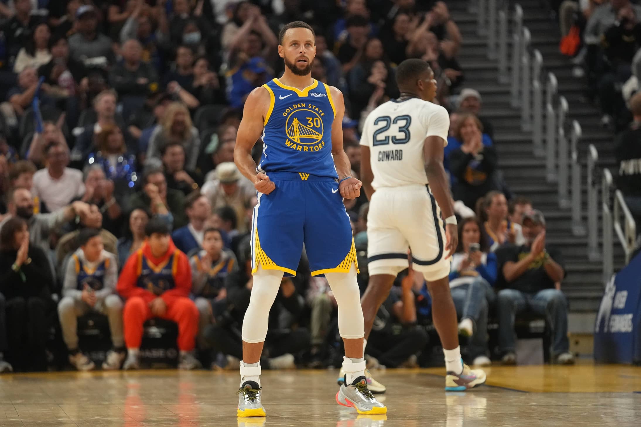 Oct 27, 2025; San Francisco, California, USA; Golden State Warriors guard Stephen Curry (30) reacts after the Warriors made a basket while being fouled against the Memphis Grizzlies in the second quarter at the Chase Center. Mandatory Credit: Cary Edmondson-Imagn Images