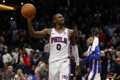 Washington, District of Columbia, USA; Philadelphia 76ers guard Tyrese Maxey (0) celebrates after the final horn against the Washington Wizards at Capital One Arena. Mandatory Credit: Geoff Burke-Imagn Images