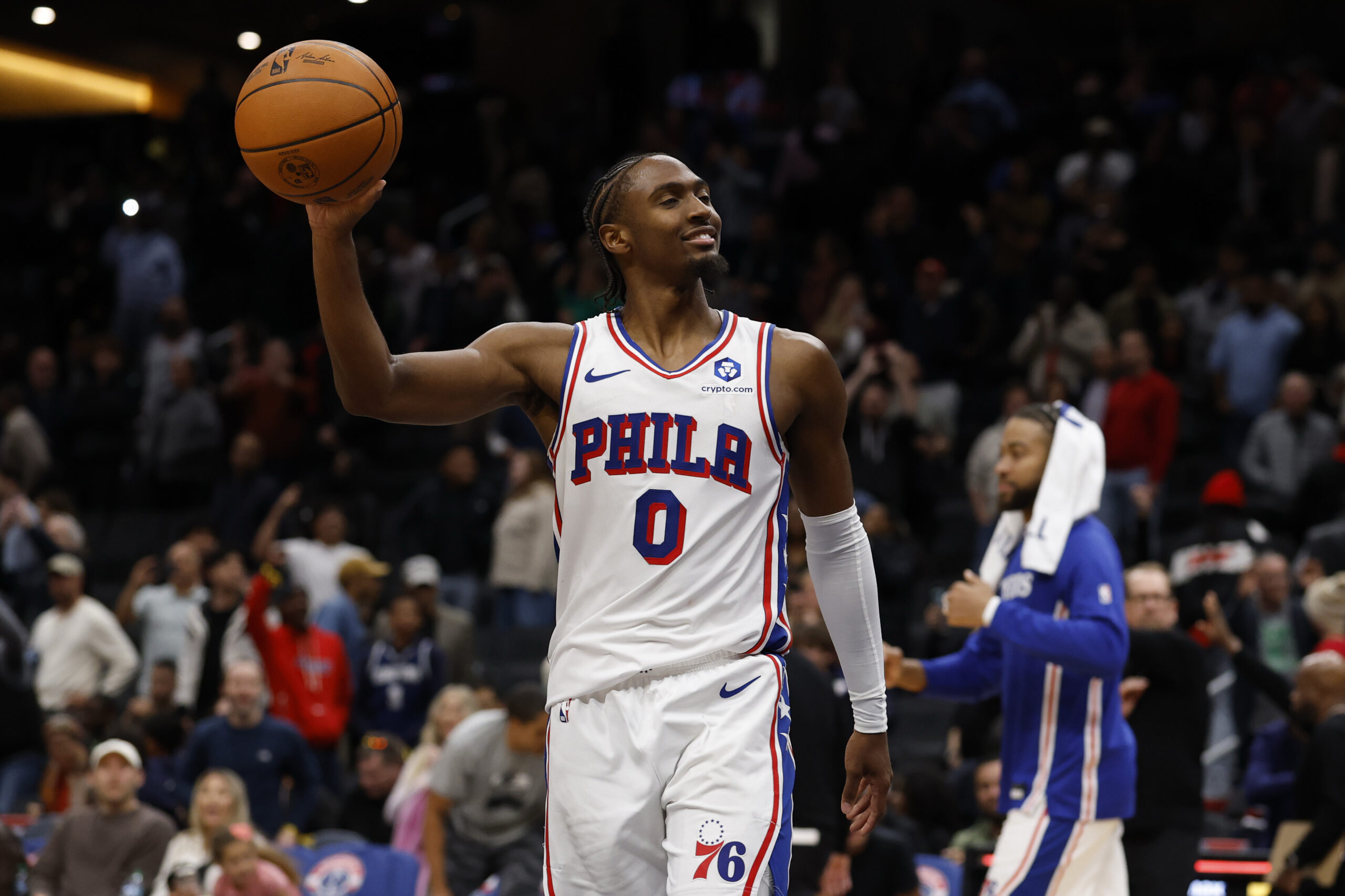 Washington, District of Columbia, USA; Philadelphia 76ers guard Tyrese Maxey (0) celebrates after the final horn against the Washington Wizards at Capital One Arena. Mandatory Credit: Geoff Burke-Imagn Images