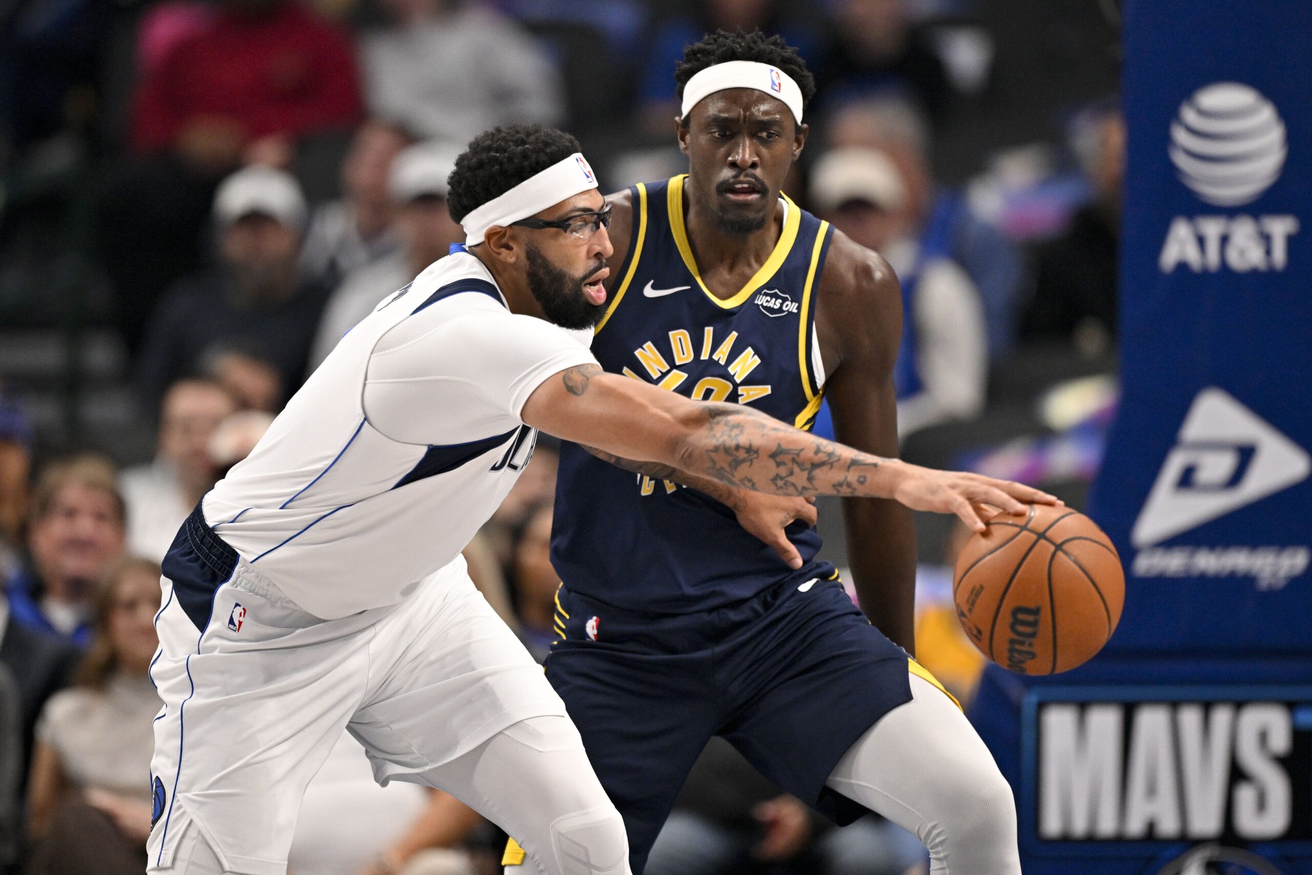 Oct 29, 2025; Dallas, Texas, USA; Dallas Mavericks forward Anthony Davis (3) controls the ball in front of Indiana Pacers forward Pascal Siakam (43) during the first quarter at the American Airlines Center. Mandatory Credit: Jerome Miron-Imagn Images