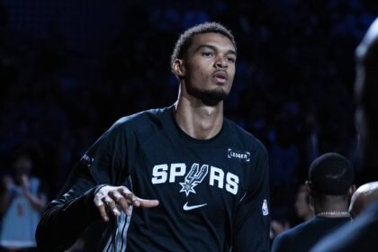 Spurs forward/center Victor Wembanyama is introduced before the game against the Toronto Raptors at Frost Bank Center