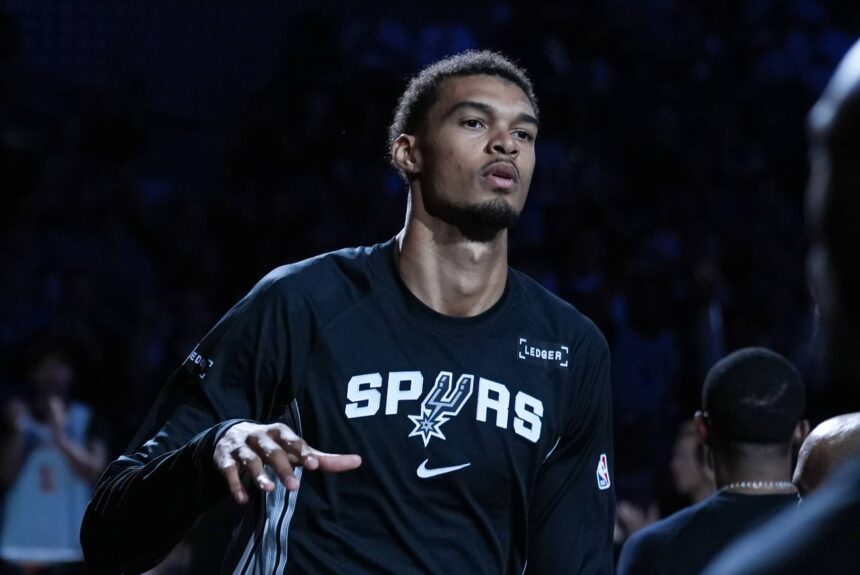 Spurs forward/center Victor Wembanyama is introduced before the game against the Toronto Raptors at Frost Bank Center