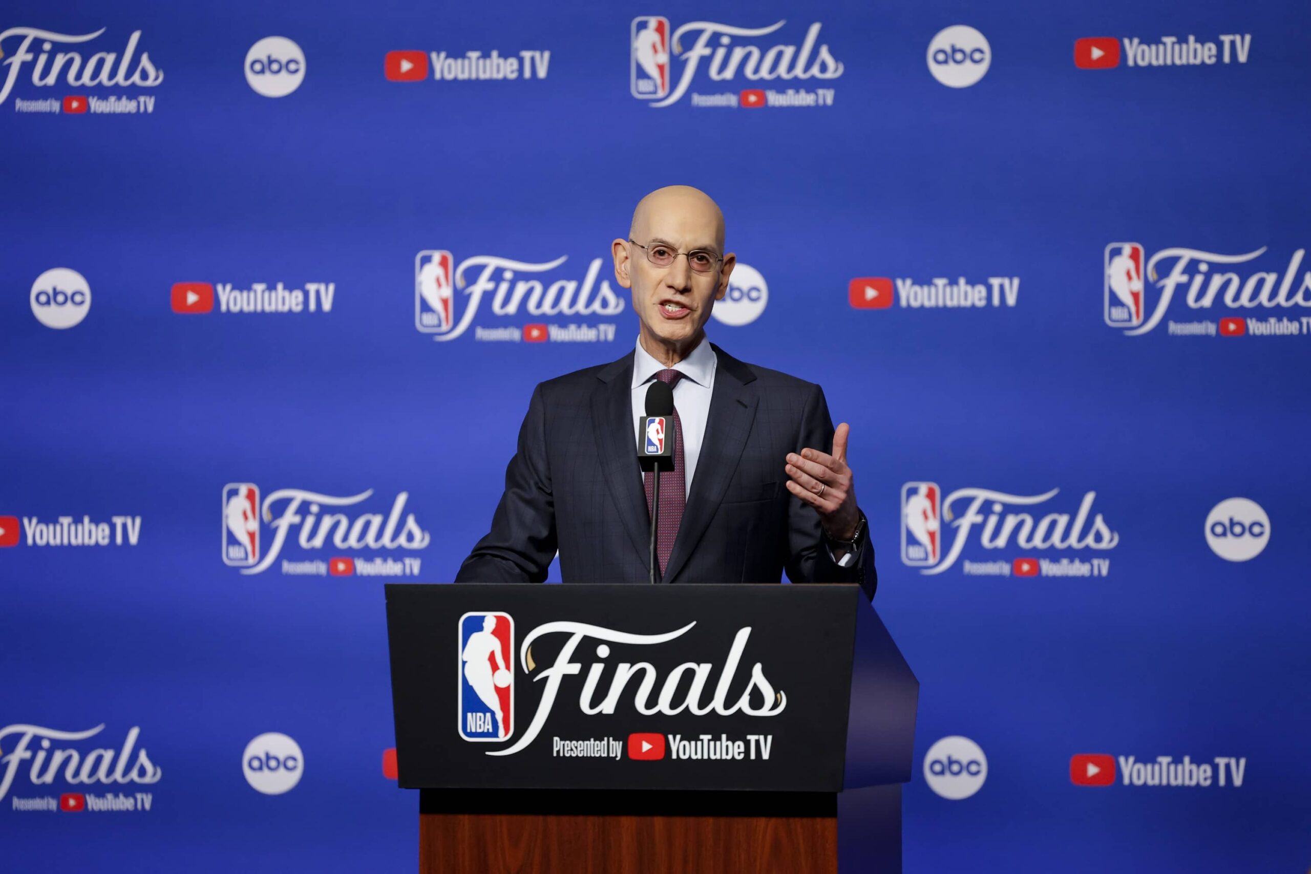 Oklahoma City, Oklahoma, USA; NBA commissioner Adam Silver speaks to the media before Game 1 between the Oklahoma City Thunder and the Indiana Pacers of the 2025 NBA Finals at Paycom Center. Mandatory Credit: Alonzo Adams-Imagn Images