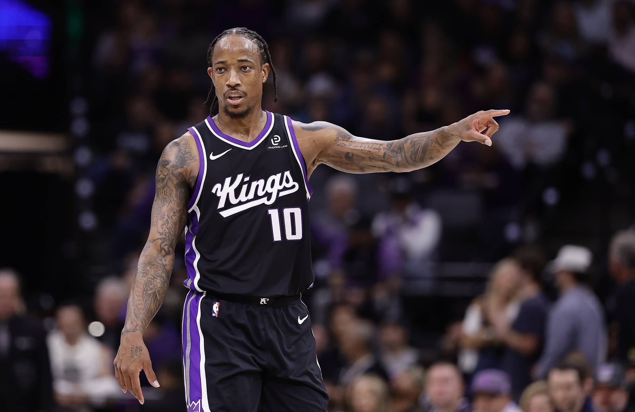 Sacramento, California, USA; Sacramento Kings forward/guard DeMar DeRozan (10) gestures between plays against the Utah Jazz during the second quarter at Golden 1 Center. Mandatory Credit: Kelley L Cox-Imagn Images