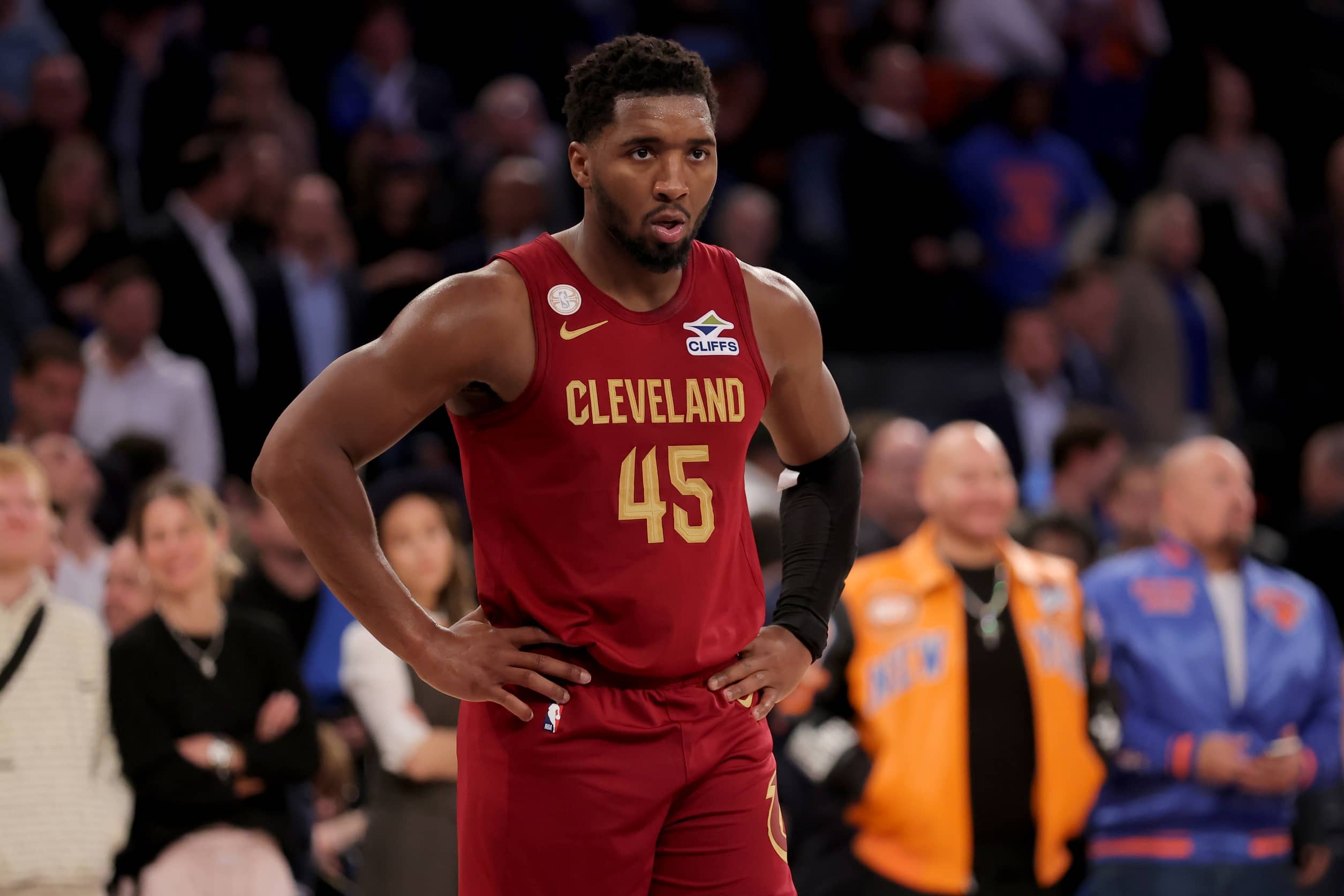 New York, New York, USA; Cleveland Cavaliers guard Donovan Mitchell (45) reacts during the fourth quarter against the New York Knicks at Madison Square Garden. Mandatory Credit: Brad Penner-Imagn Images