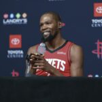 Kevin Durant addresses the media at Houston Rockets media day.