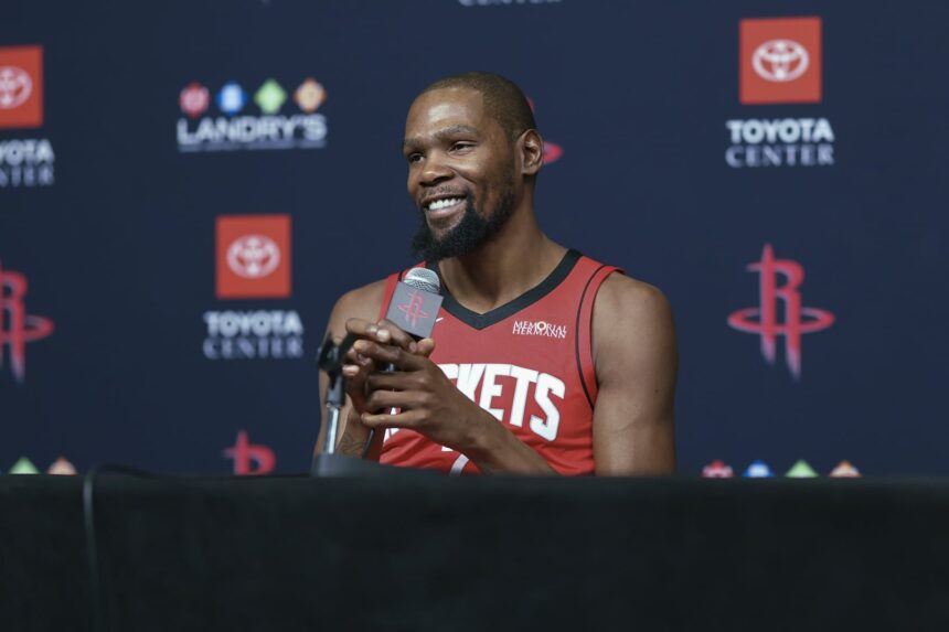 Kevin Durant addresses the media at Houston Rockets media day.