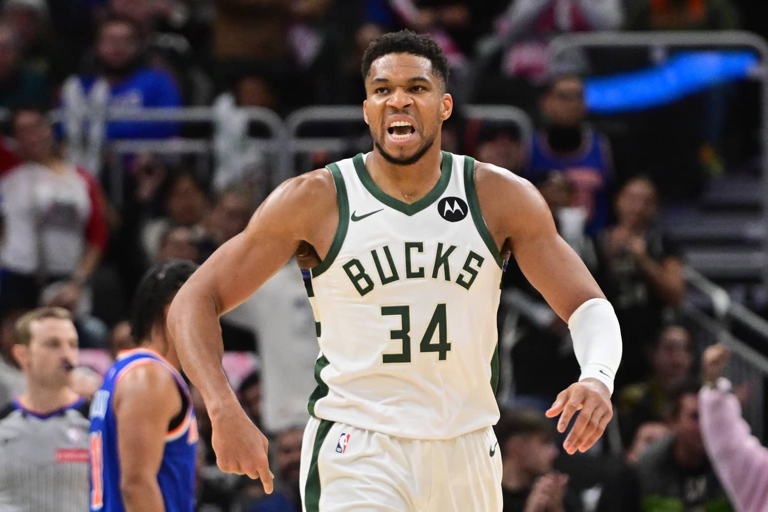 Milwaukee, Wisconsin, USA; Milwaukee Bucks forward Giannis Antetokounmpo (34) reacts after scoring a basket in the 3rd quarter against the New York Knicks at Fiserv Forum. Mandatory Credit: Benny Sieu-Imagn Images