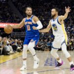 San Francisco, California, USA; Golden State Warriors guard Stephen Curry (30) guards New York Knicks guard Jalen Brunson (11) during the first half at Chase Center. Mandatory Credit: John Hefti-Imagn Images