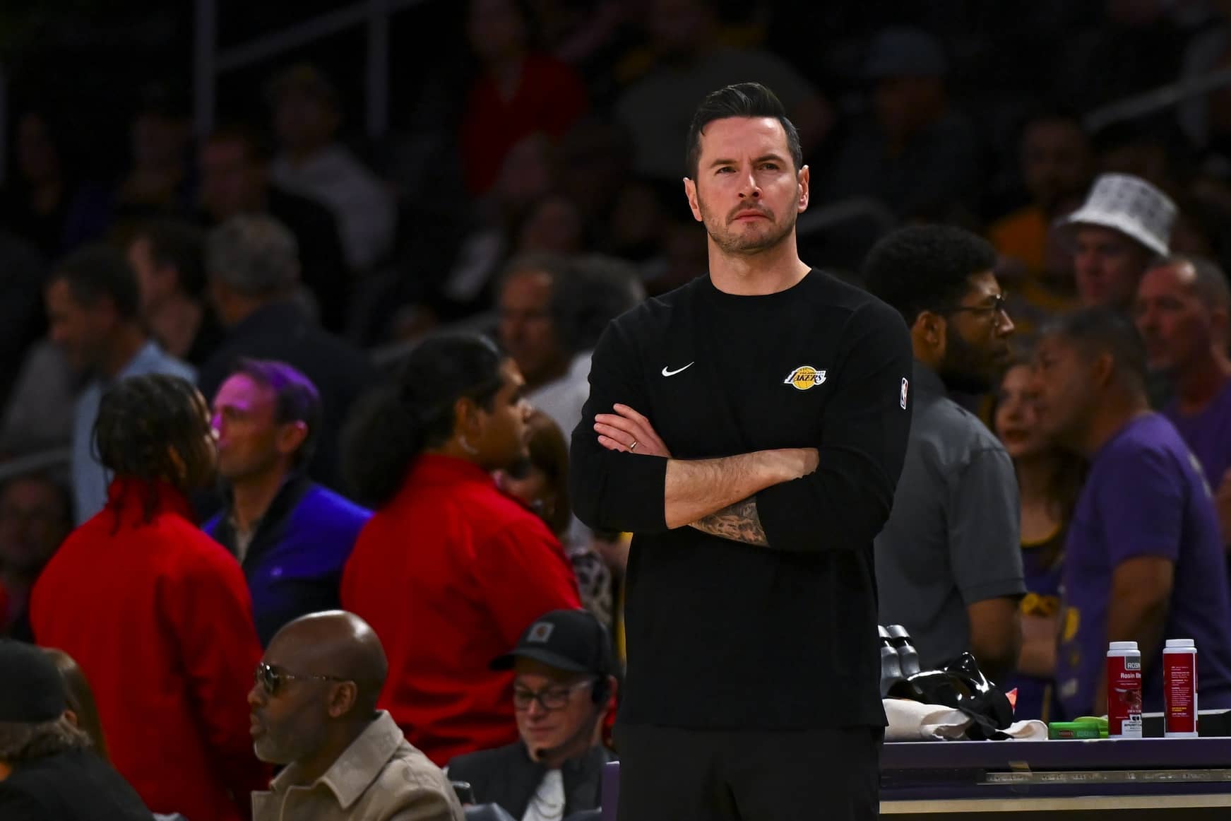 Los Angeles, California, USA; Los Angeles Lakers head coach JJ Redick on the sidelines against the Los Angeles Lakers during the second half at Crypto.com Arena. Mandatory Credit: Jonathan Hui-Imagn Images