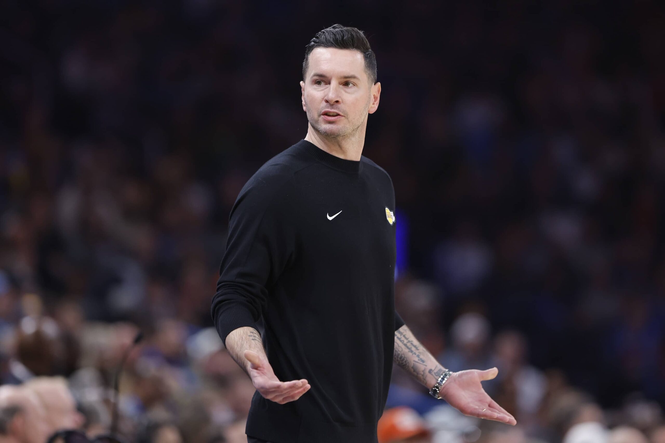 Oklahoma City, Oklahoma, USA; Los Angeles Lakers head coach JJ Redick gestures to his team during a play against the Oklahoma City Thunder during the second quarter at Paycom Center. Mandatory Credit: Alonzo Adams-Imagn Images