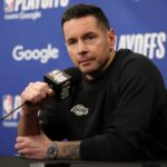 Los Angeles, California, USA; Los Angeles Lakers head coach JJ Redick speaks to media before a Game 2 of the first round of the 2024 NBA Playoffs against the Minnesota Timberwolves at Crypto.com Arena. Mandatory Credit: Kiyoshi Mio-Imagn Images