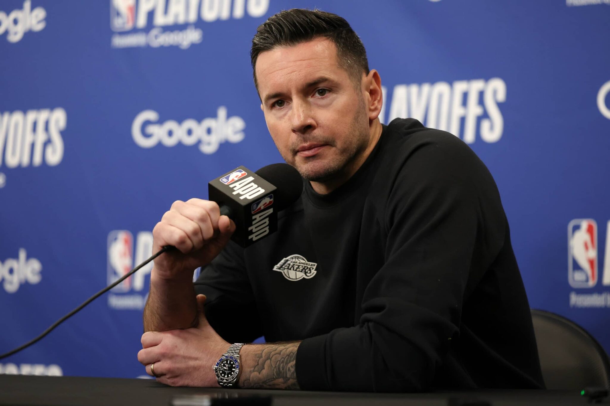 Los Angeles, California, USA; Los Angeles Lakers head coach JJ Redick speaks to media before a Game 2 of the first round of the 2024 NBA Playoffs against the Minnesota Timberwolves at Crypto.com Arena. Mandatory Credit: Kiyoshi Mio-Imagn Images