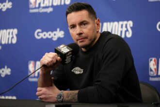Los Angeles, California, USA; Los Angeles Lakers head coach JJ Redick speaks to media before a Game 2 of the first round of the 2024 NBA Playoffs against the Minnesota Timberwolves at Crypto.com Arena. Mandatory Credit: Kiyoshi Mio-Imagn Images