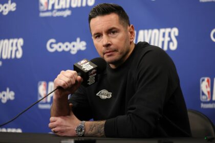 Los Angeles, California, USA; Los Angeles Lakers head coach JJ Redick speaks to media before a Game 2 of the first round of the 2024 NBA Playoffs against the Minnesota Timberwolves at Crypto.com Arena. Mandatory Credit: Kiyoshi Mio-Imagn Images