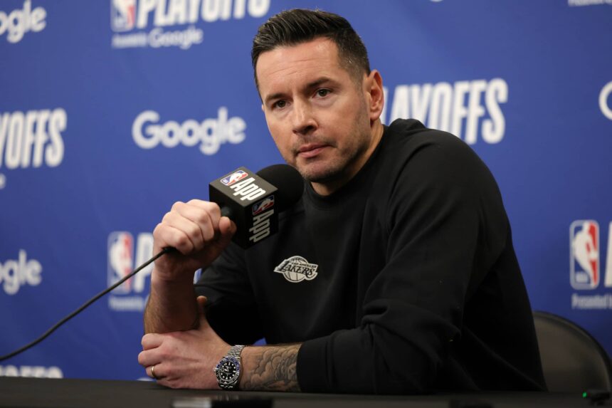 Los Angeles, California, USA; Los Angeles Lakers head coach JJ Redick speaks to media before a Game 2 of the first round of the 2024 NBA Playoffs against the Minnesota Timberwolves at Crypto.com Arena. Mandatory Credit: Kiyoshi Mio-Imagn Images